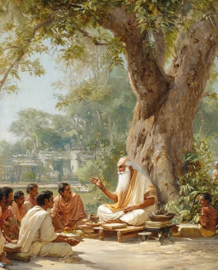 Painting of Maharishi Bharadwaj teaching disciples under a tree